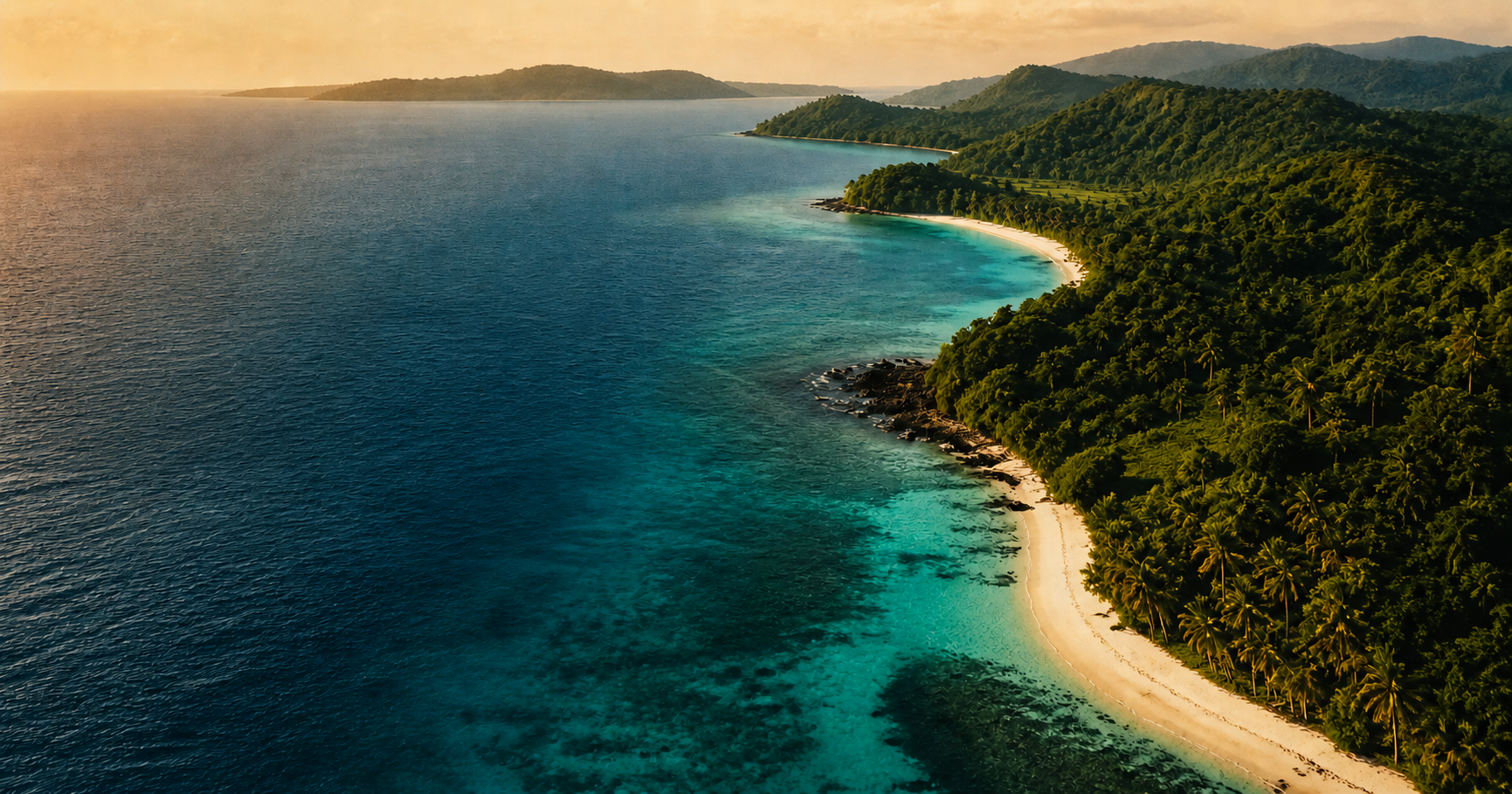 Aerial view of a forested Basilan coastline and turquoise water