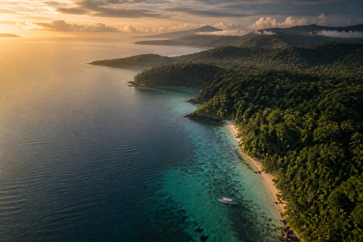 Aerial view of an emerald island coast and clear turquoise water