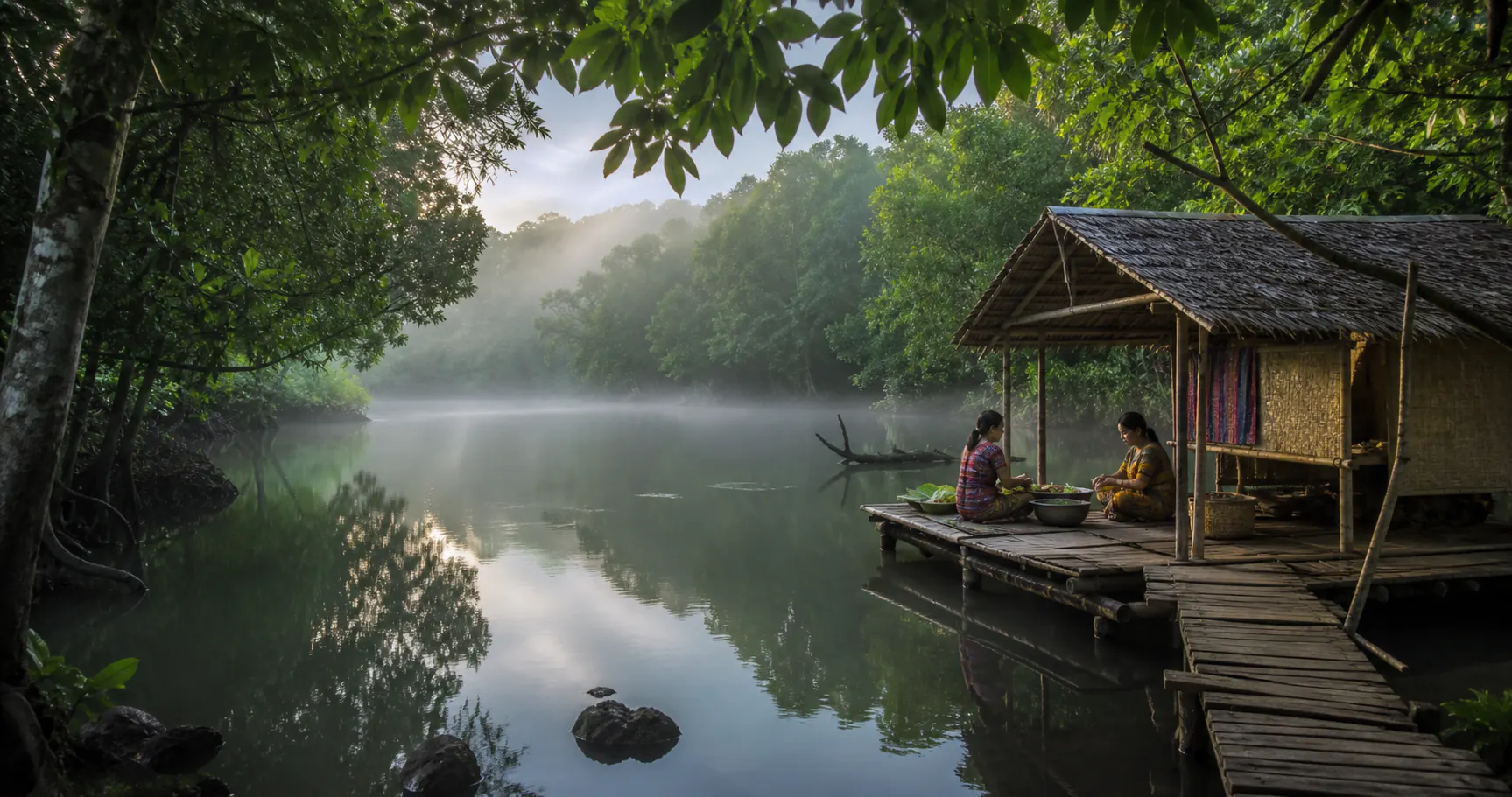 Mangrove waterway and a traditional community cottage