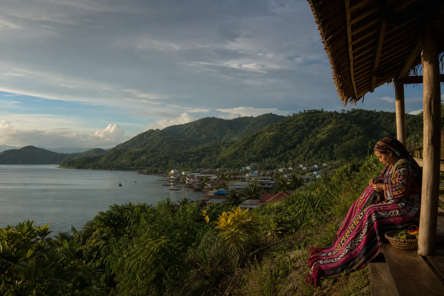 Coastal village landscape with a textile artisan