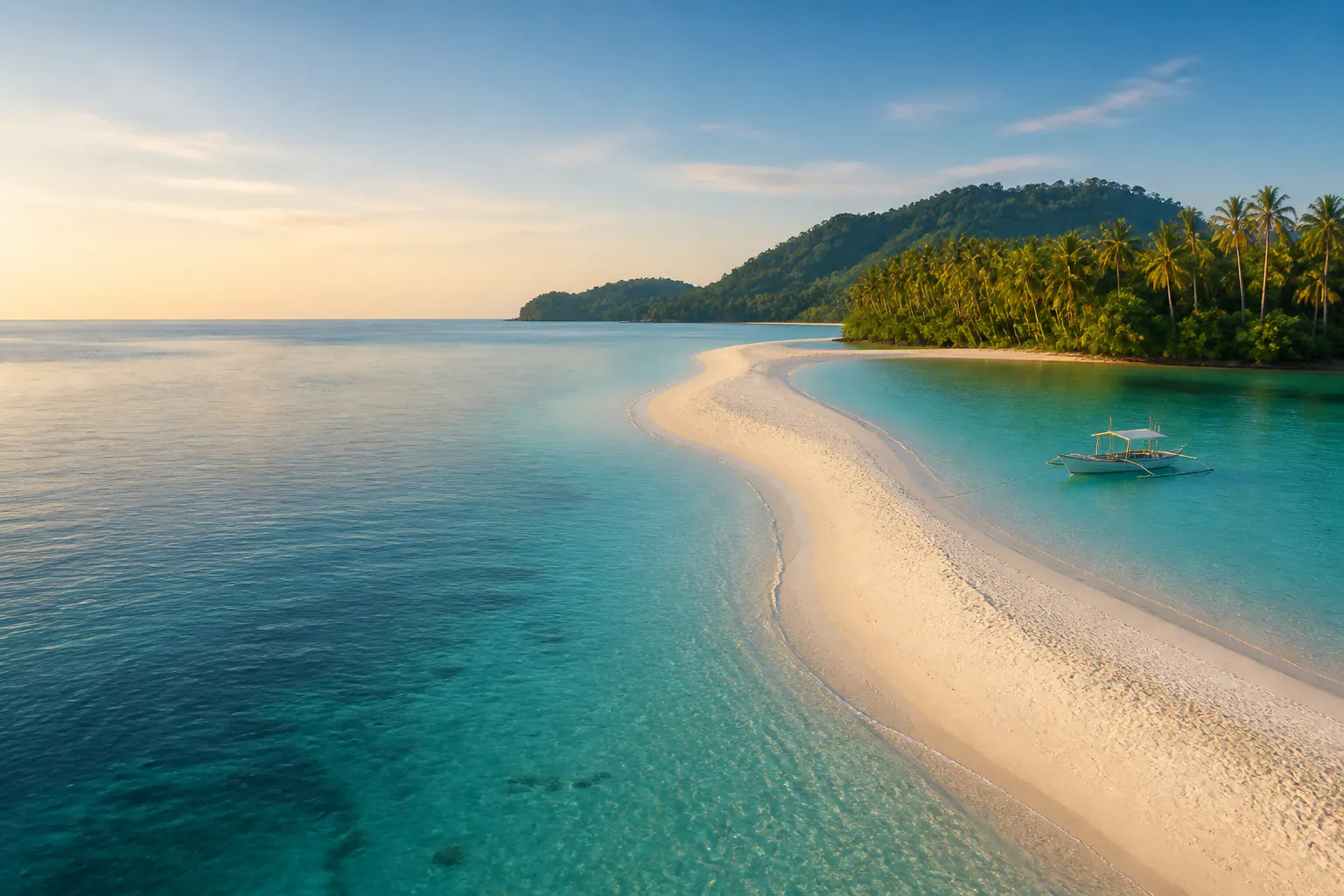 Curving white sandbar surrounded by luminous tropical water