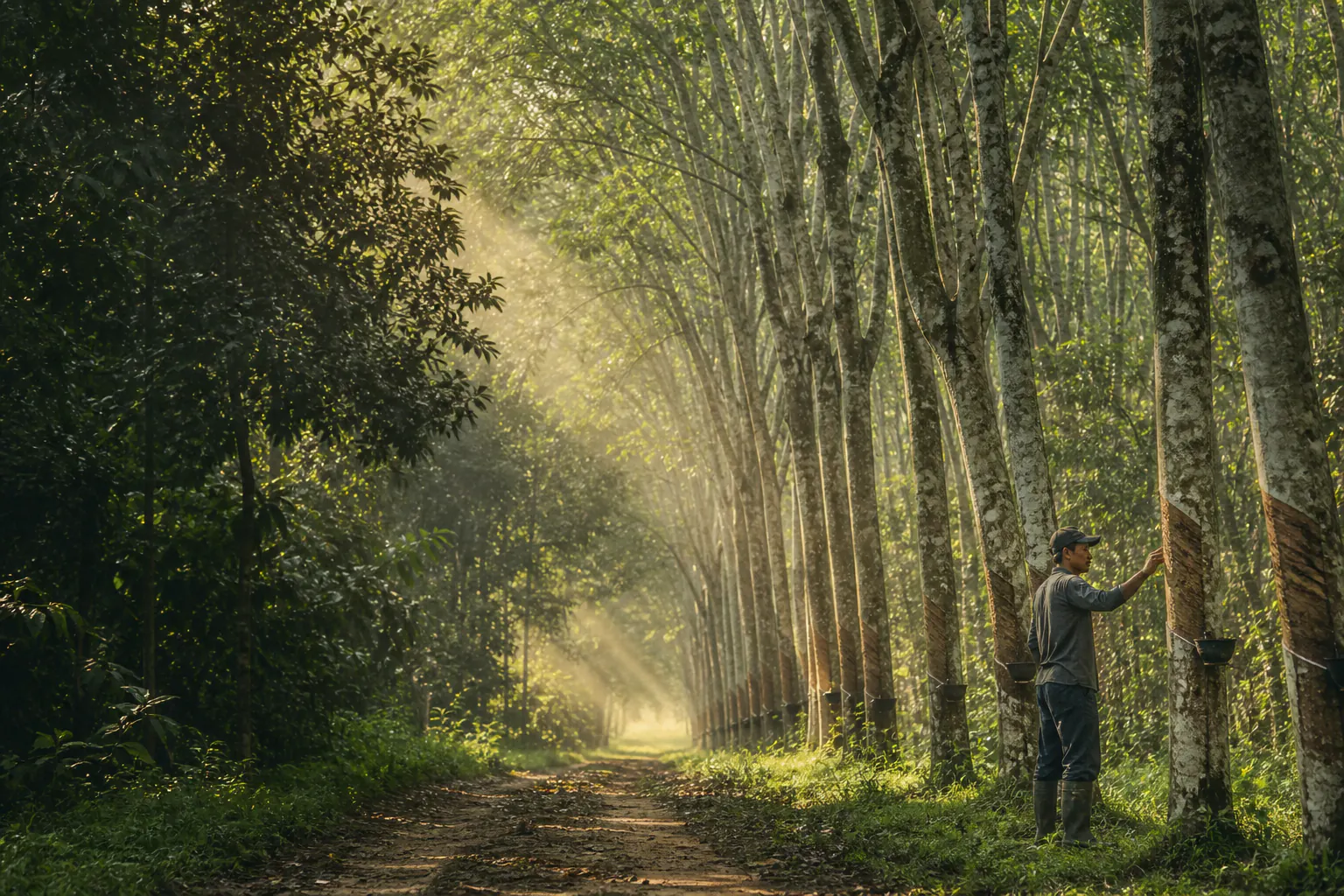 Farmer walking among rows of rubber trees in morning light