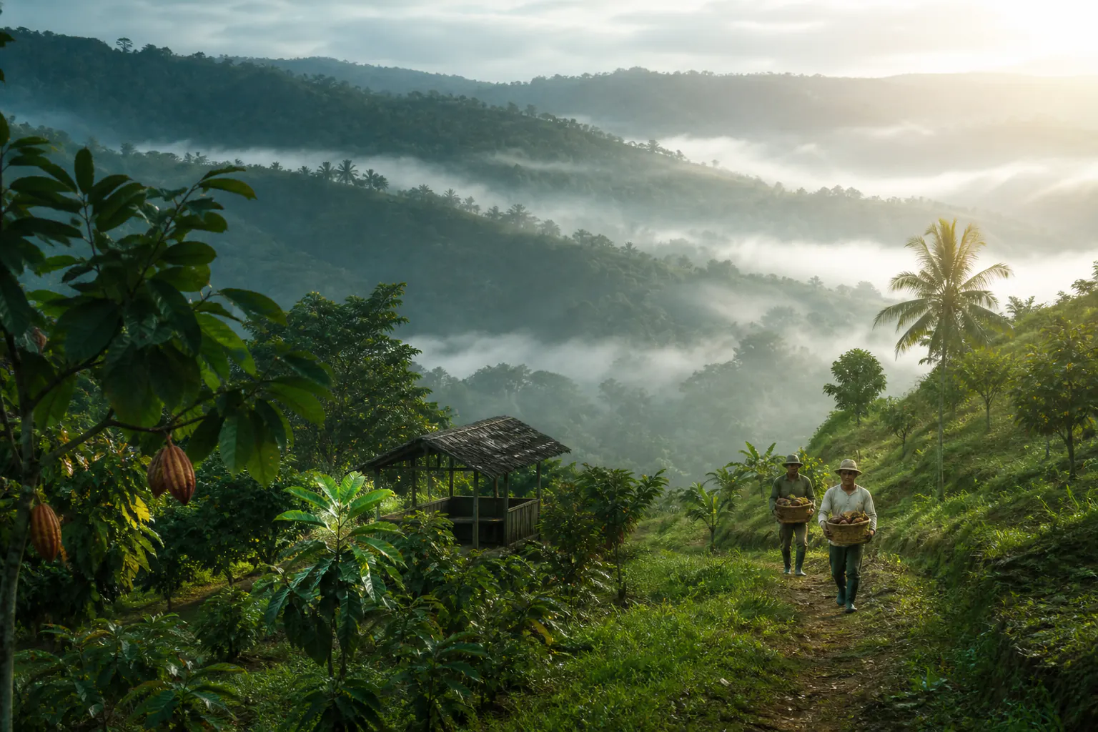 Growers crossing a misty tropical farm in the island hills