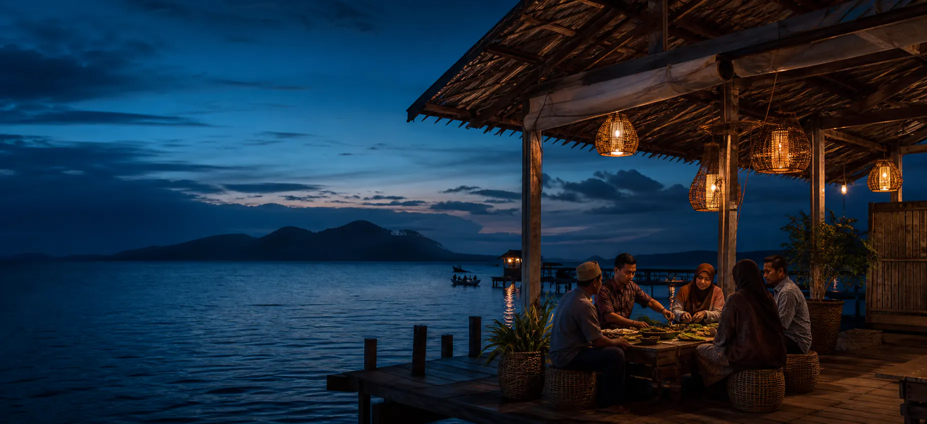 Coastal community gathering beneath warm woven lanterns at blue hour